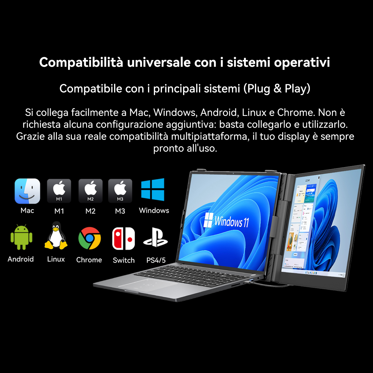 Due laptop affiancati mostrano Windows 11, con icone per Mac, Android, Linux, Chrome, Switch, PS4.