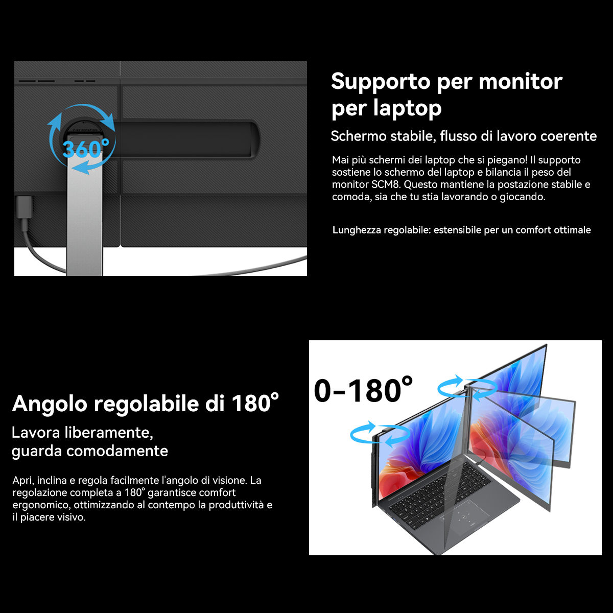Supporto monitor con rotazione 360° e braccio regolabile 180° per laptop.