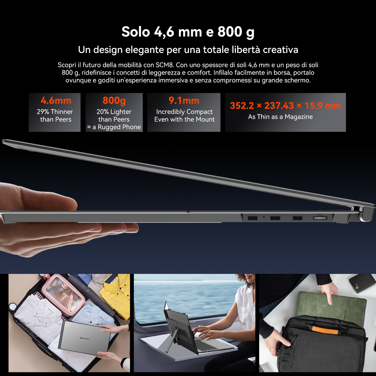 Un laptop elegante, sottile 4,6 mm e pesa 800g.