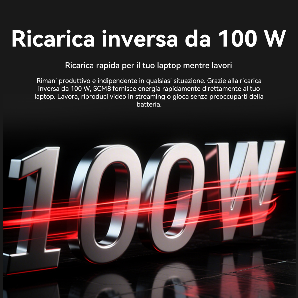 Testo argentato 3D 100W con strisce di luce rosse su sfondo nero.
