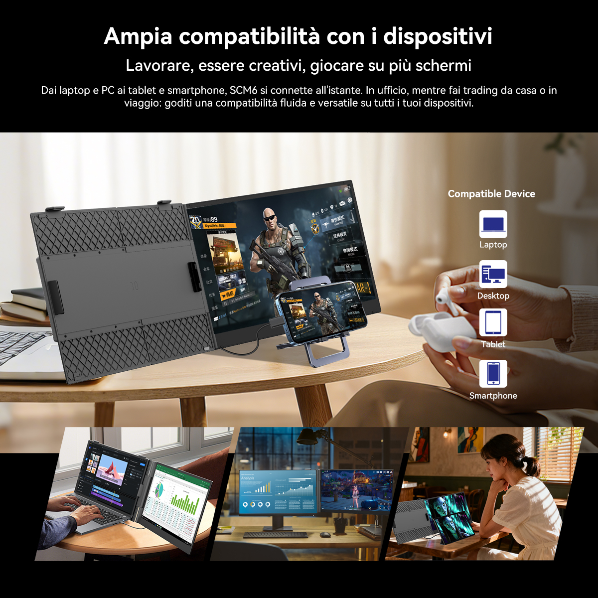 Un monitor portatile mostra giochi, laptop, desktop, tablet e smartphone.