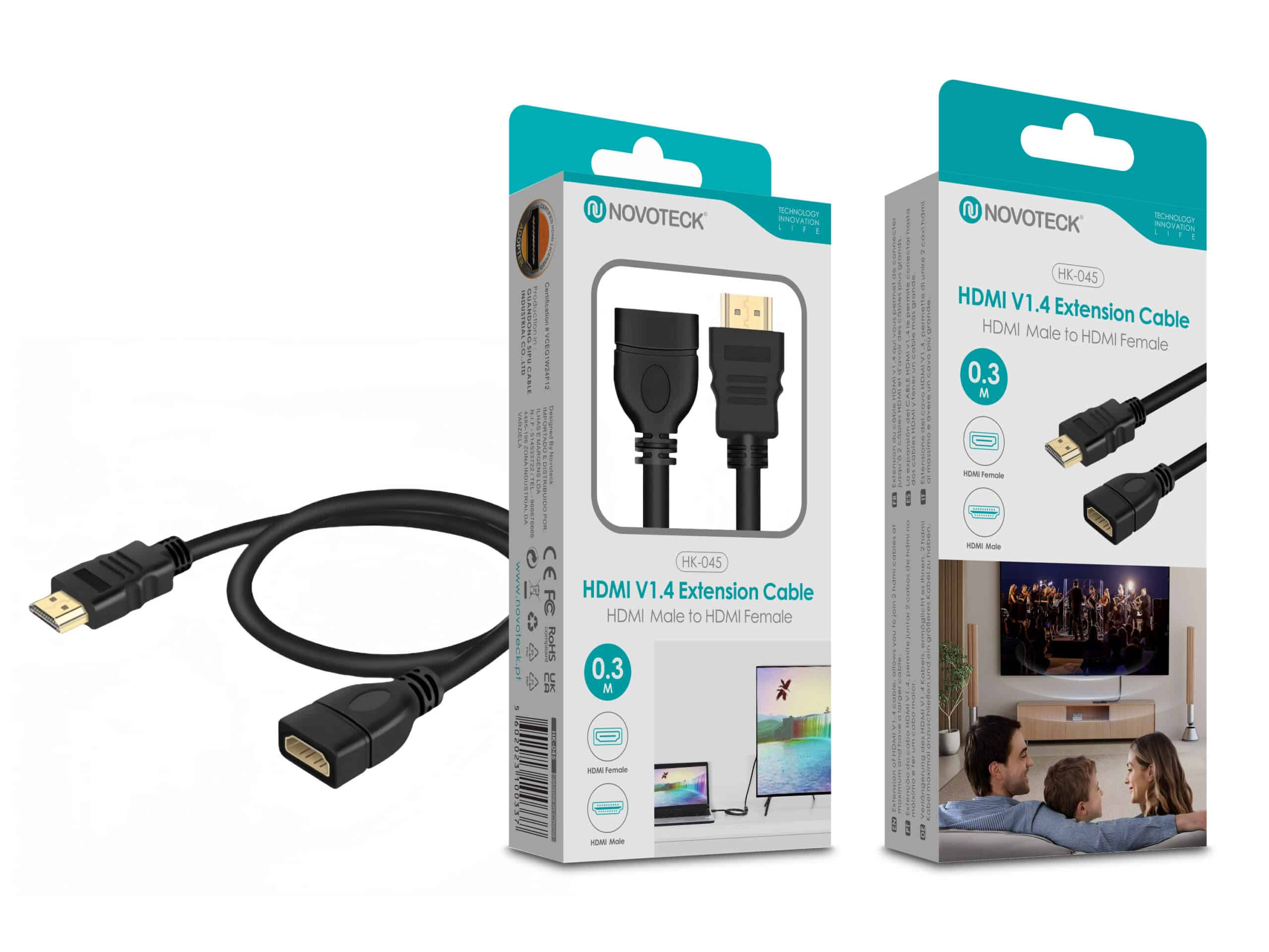 Un cable extensor Novoteck HDMI V1.4 (0,3m) con conectores macho y hembra.