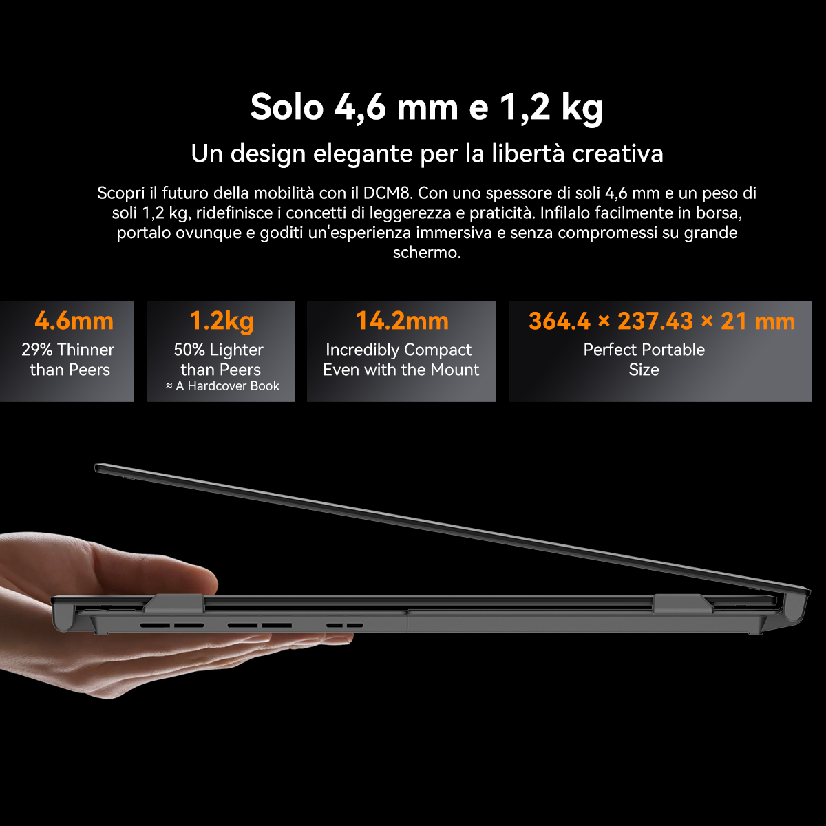 Un laptop sottile poggia su una mano, 4,6 mm di spessore, 1,2 kg.