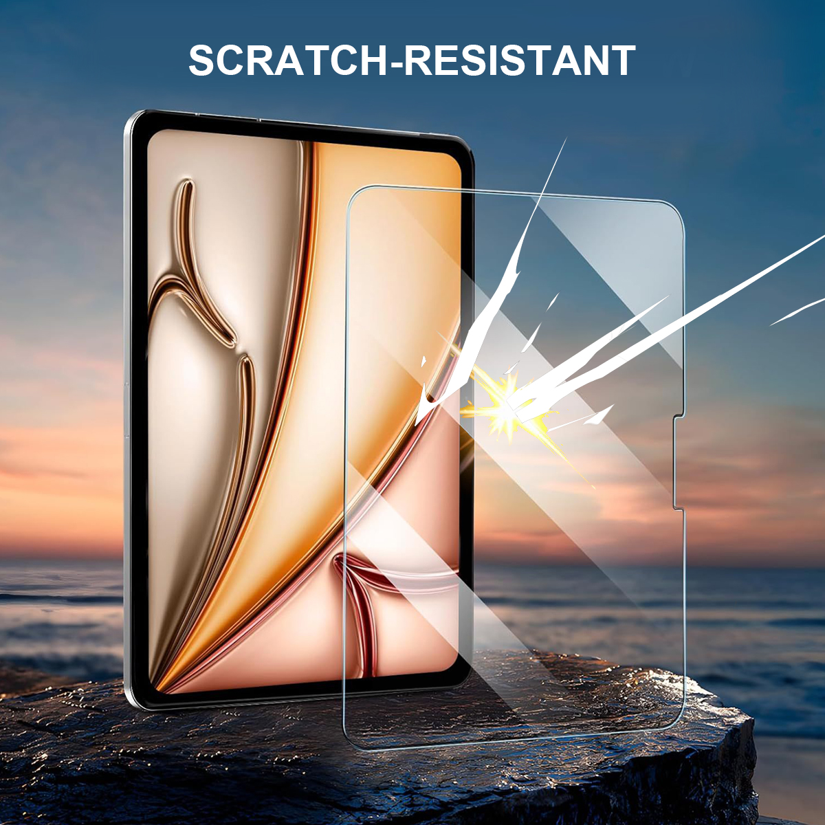 Un tablet con protezione schermo, appoggiato su una roccia. Resistente ai graffi.