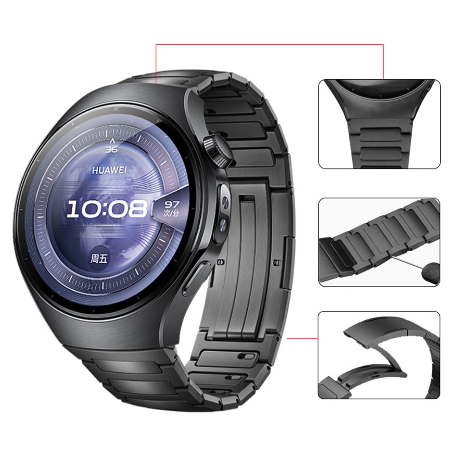 Eine dunkle Smartwatch mit Metallarmband und detaillierten Nahaufnahmen des Armbands.