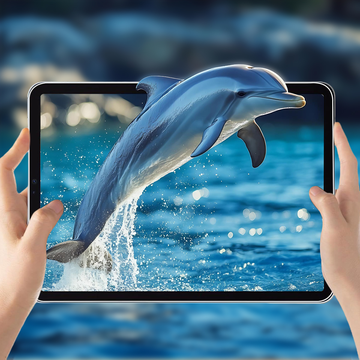 Un delfino salta fuori dall'acqua, mostrato su un tablet tenuto dalle mani.
