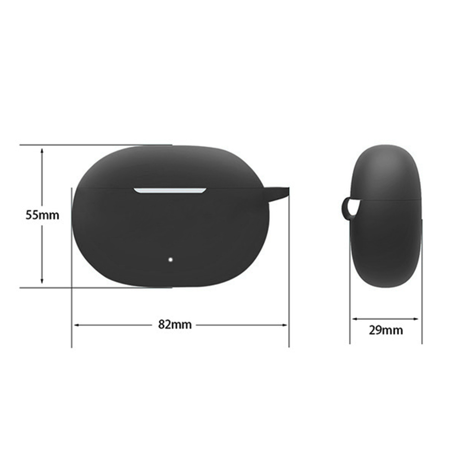 Czarne etui na słuchawki z wymiarami: 82mm Dł, 55mm Wys, 29mm Szer.