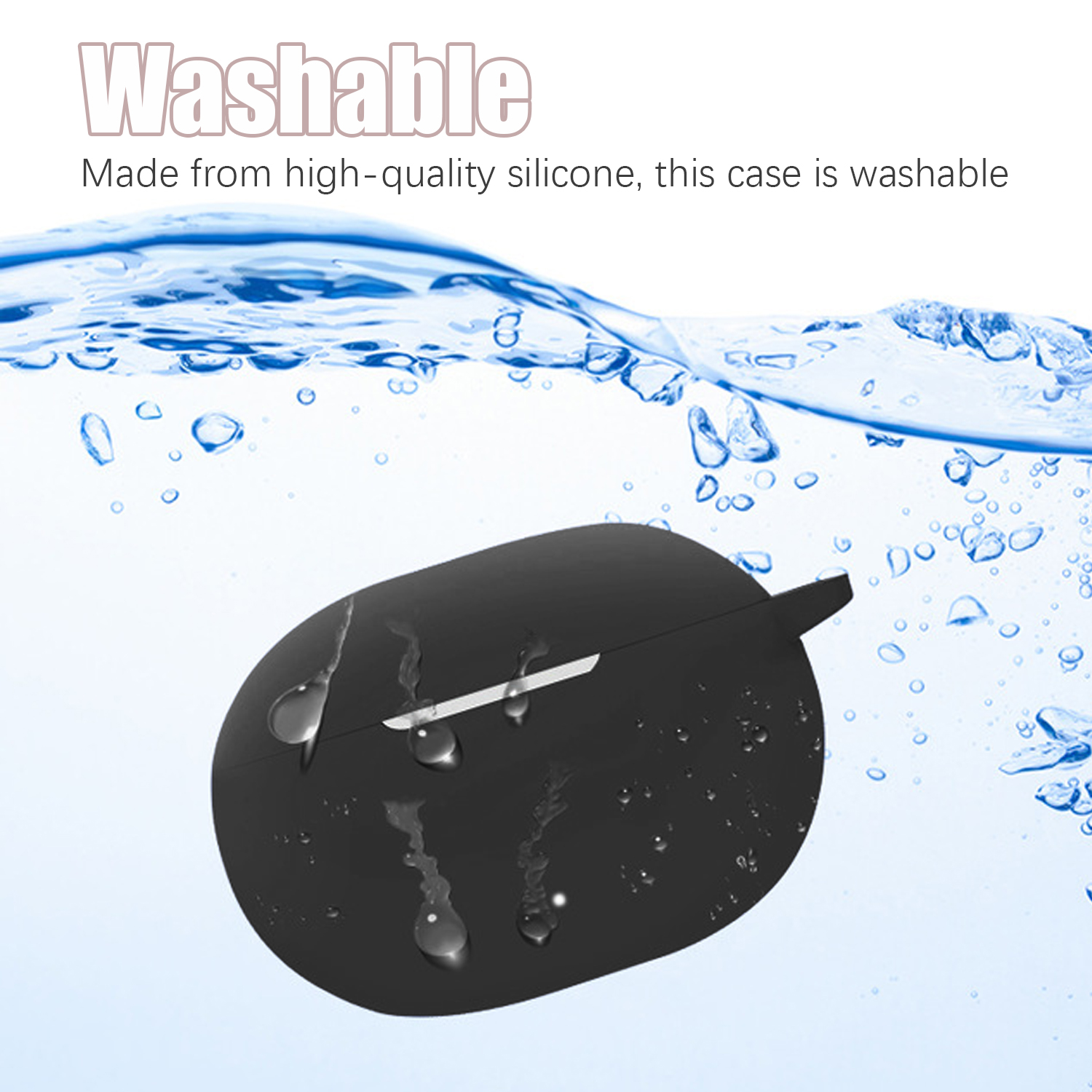 Czarne etui z kroplami wody pod wodą z napisem 'Washable'.