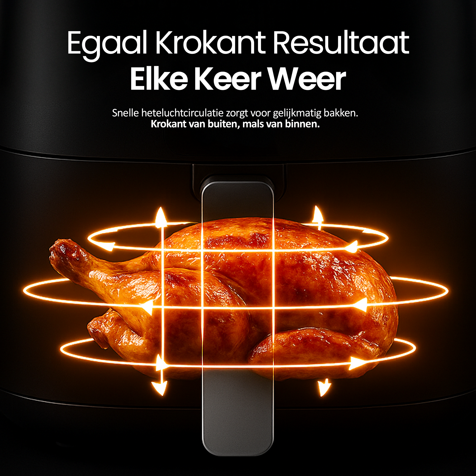 Złocisty kurczak w frytkownicy beztłuszczowej, otoczony strzałkami gorącego powietrza.