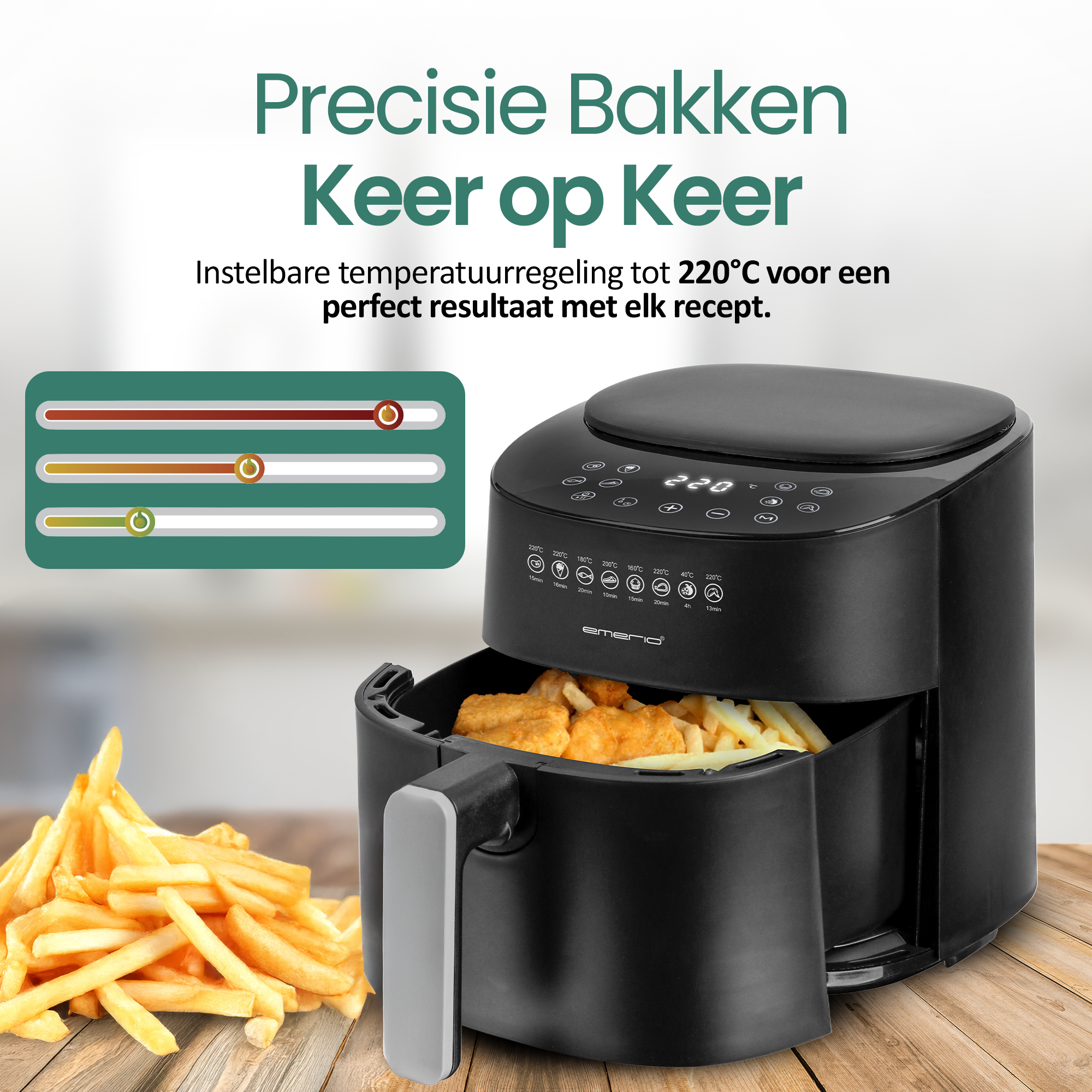 Czarna frytkownica beztłuszczowa z frytkami i nuggetami. Wyświetlacz pokazuje 220°C.