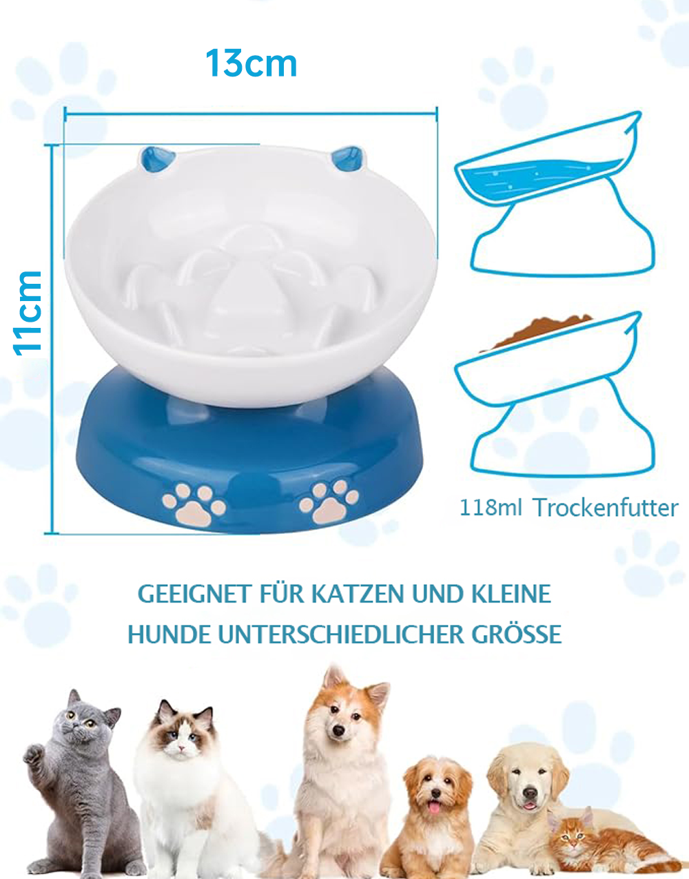 Ein weißer Napf auf blauem Ständer mit Maßen 13x11cm. Für Katzen und Hunde.