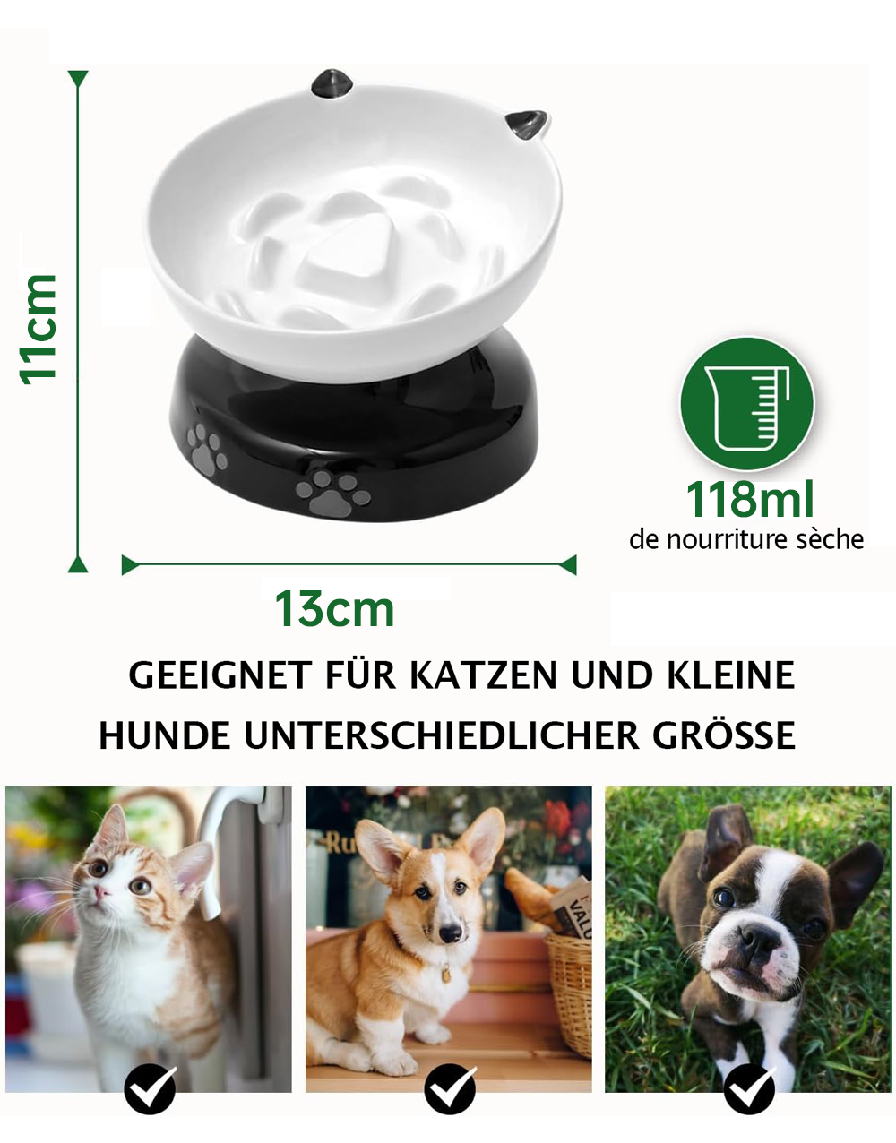 Erhöhte Futterschale für Hunde und Katzen, 11cm hoch, 13cm breit.