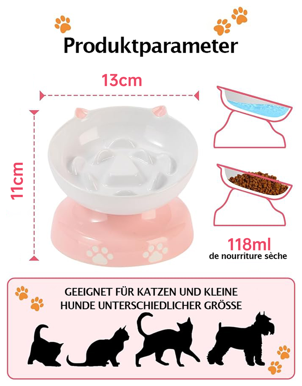 Una ciotola bianca e rosa per animali domestici da 13x11cm.