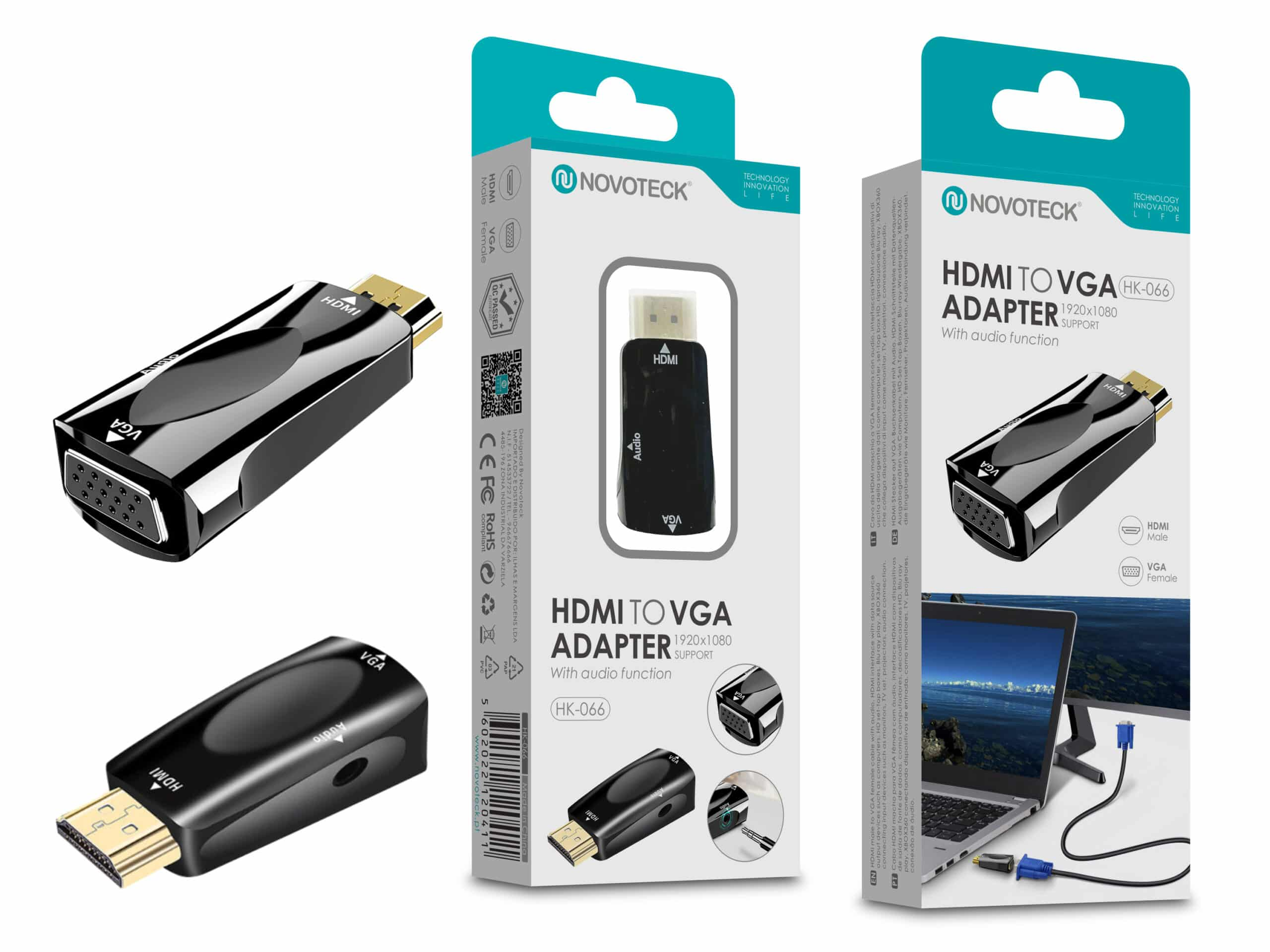 Adaptador Novoteck HDMI a VGA con audio, resolución 1920x1080.