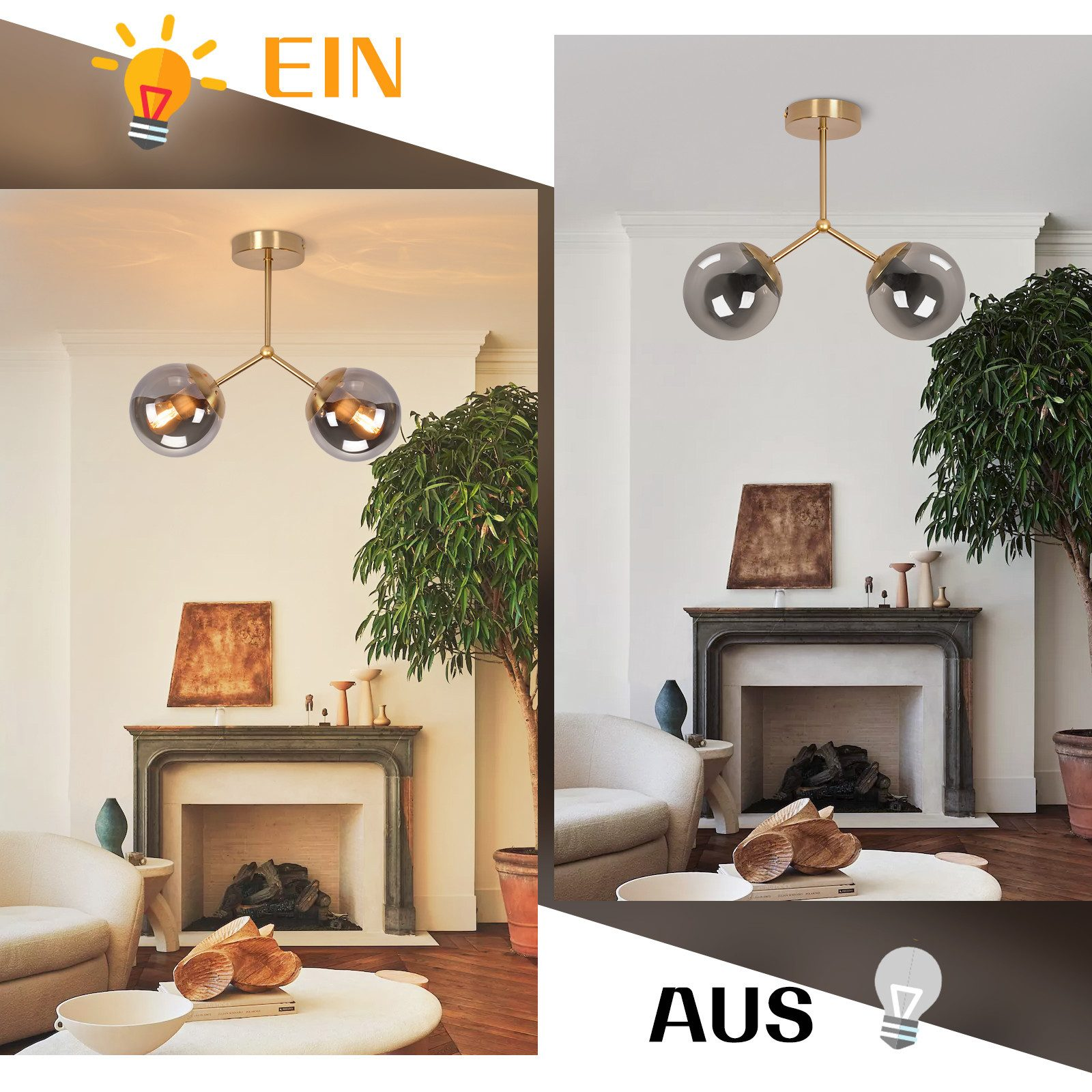 Una moderna lampada da soffitto dorata con due globi in vetro fumé.