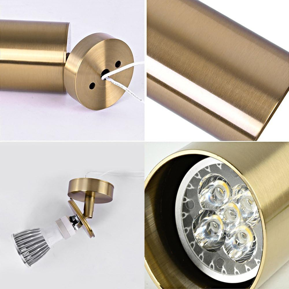 Mosiężny reflektor z diodą LED, zbliżenie głowicy lampy.