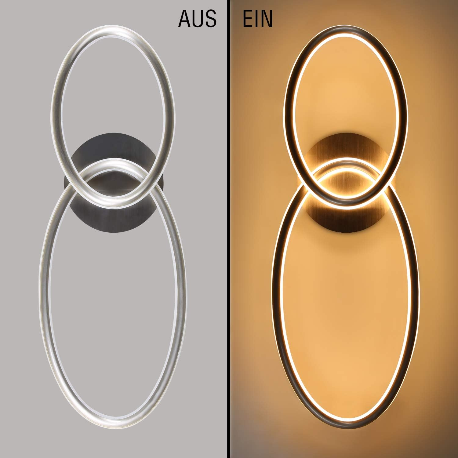 Due anelli come applique, sinistra spenta, destra accesa con luce calda.