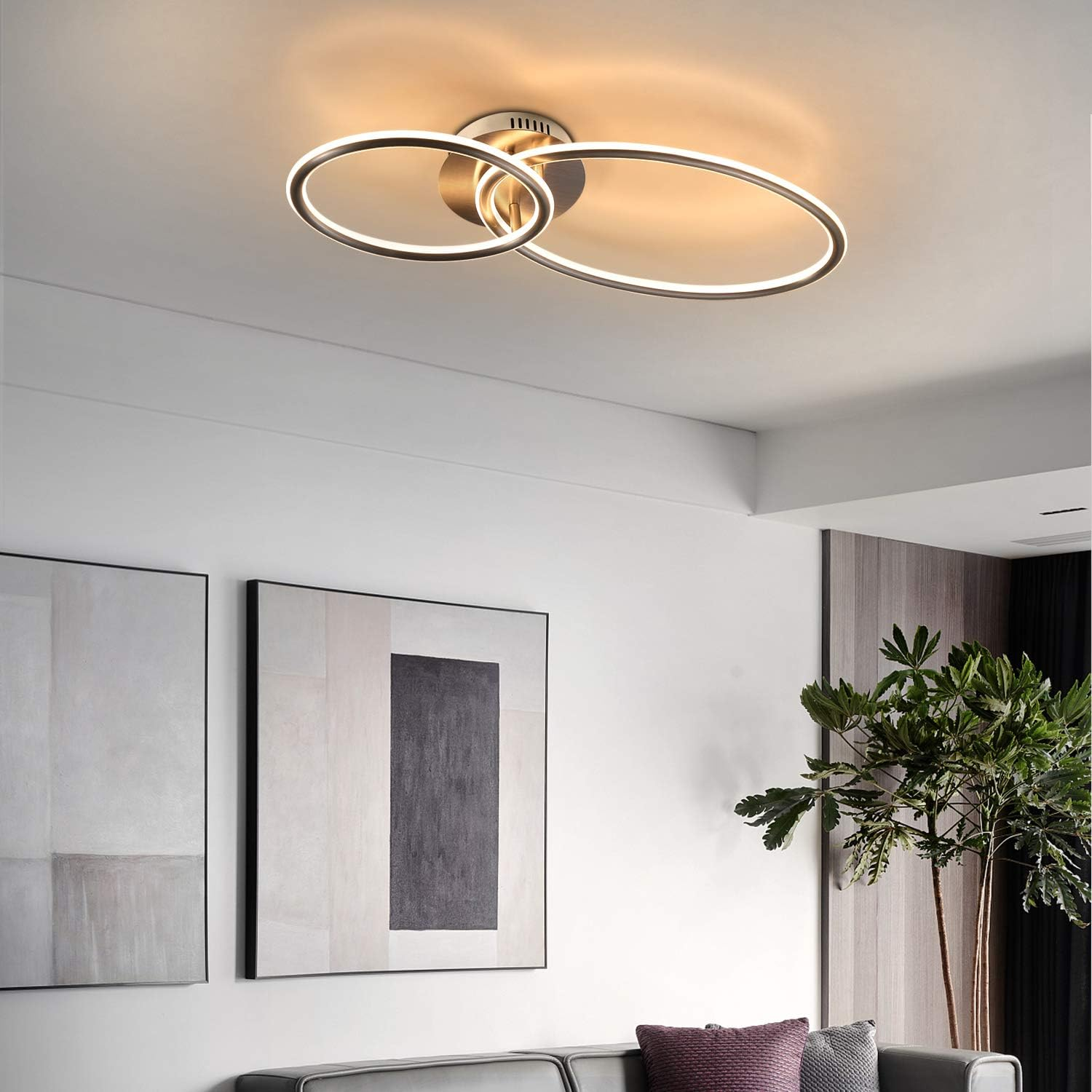 Lampadario moderno con due anelli sopra un divano e un'opera d'arte.