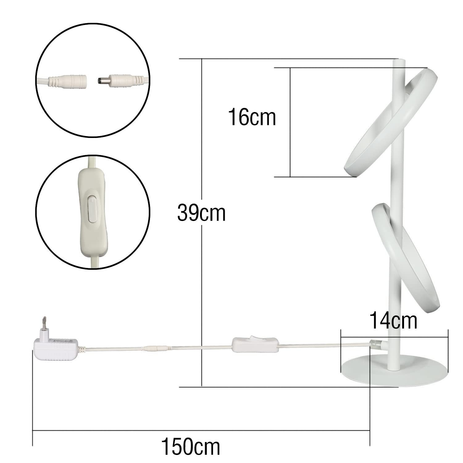 Biała lampa z wymiarami: wysokość 39cm, szerokość 16cm, podstawa 14cm, długość kabla 150cm.
