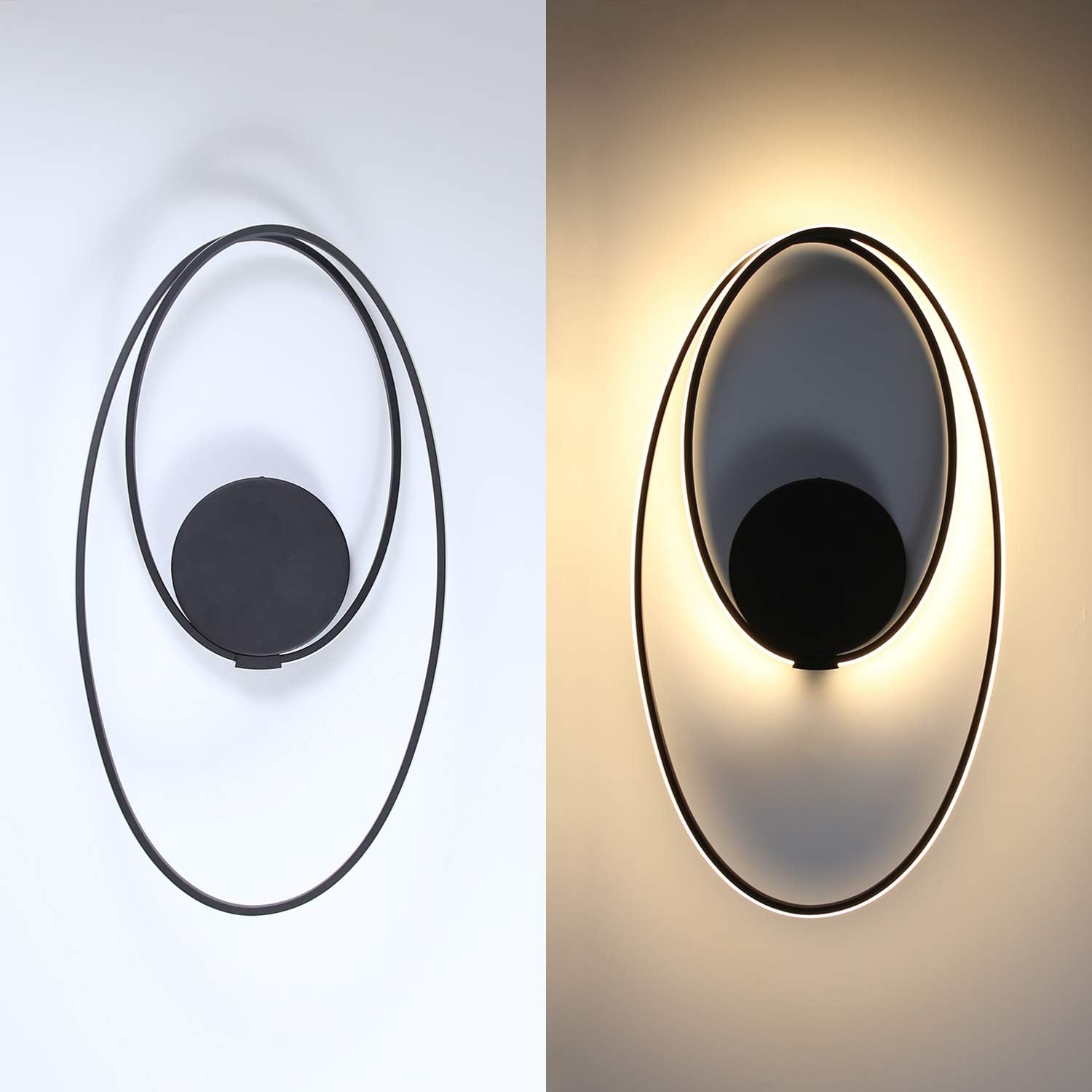 Lampada da parete nera moderna con cornice ovale e centro circolare. Si illumina di giallo.