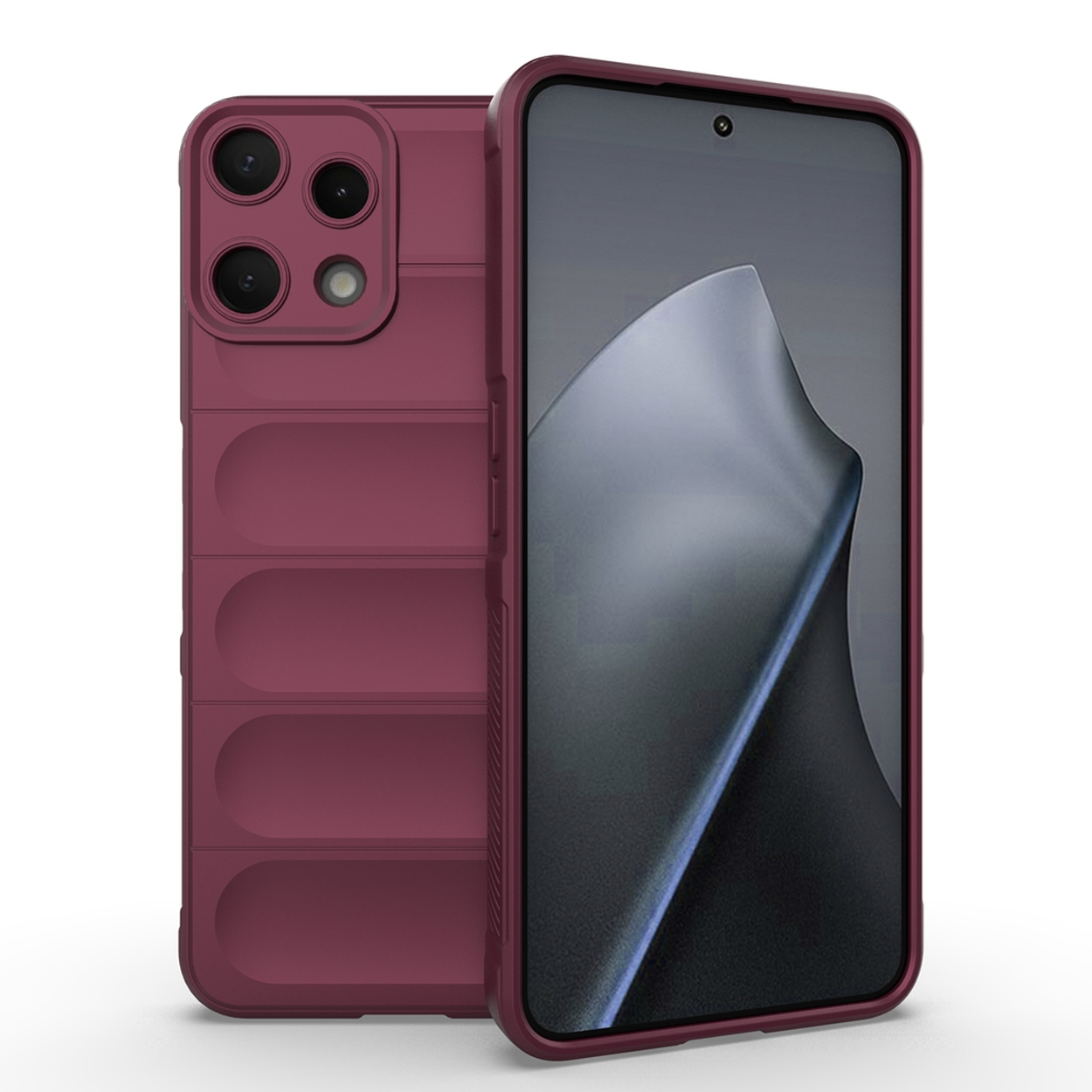 Une coque de téléphone bordeaux avec un quadruple appareil photo et un design arrondi.