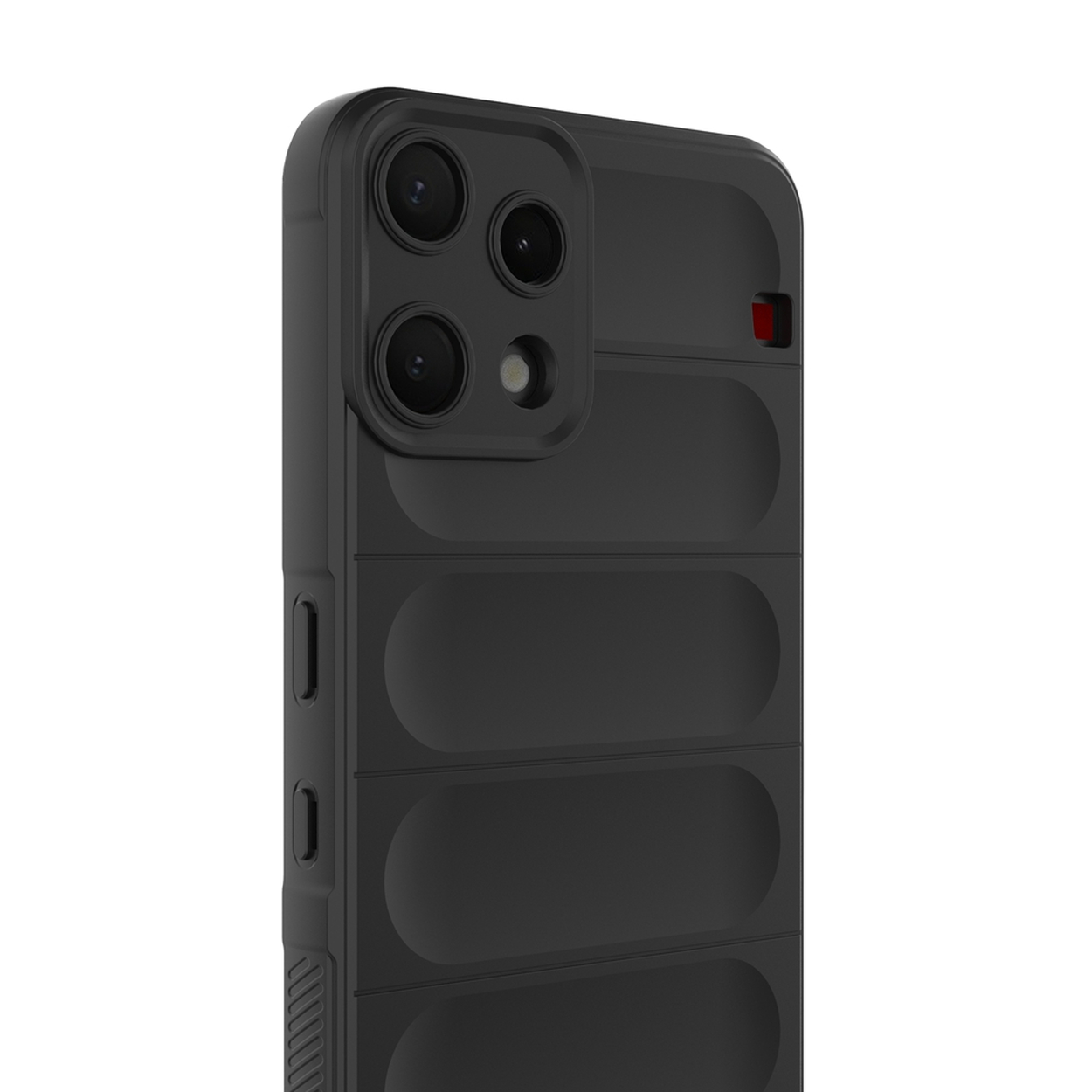 Coque de téléphone noire avec trois caméras et motif côtelé.