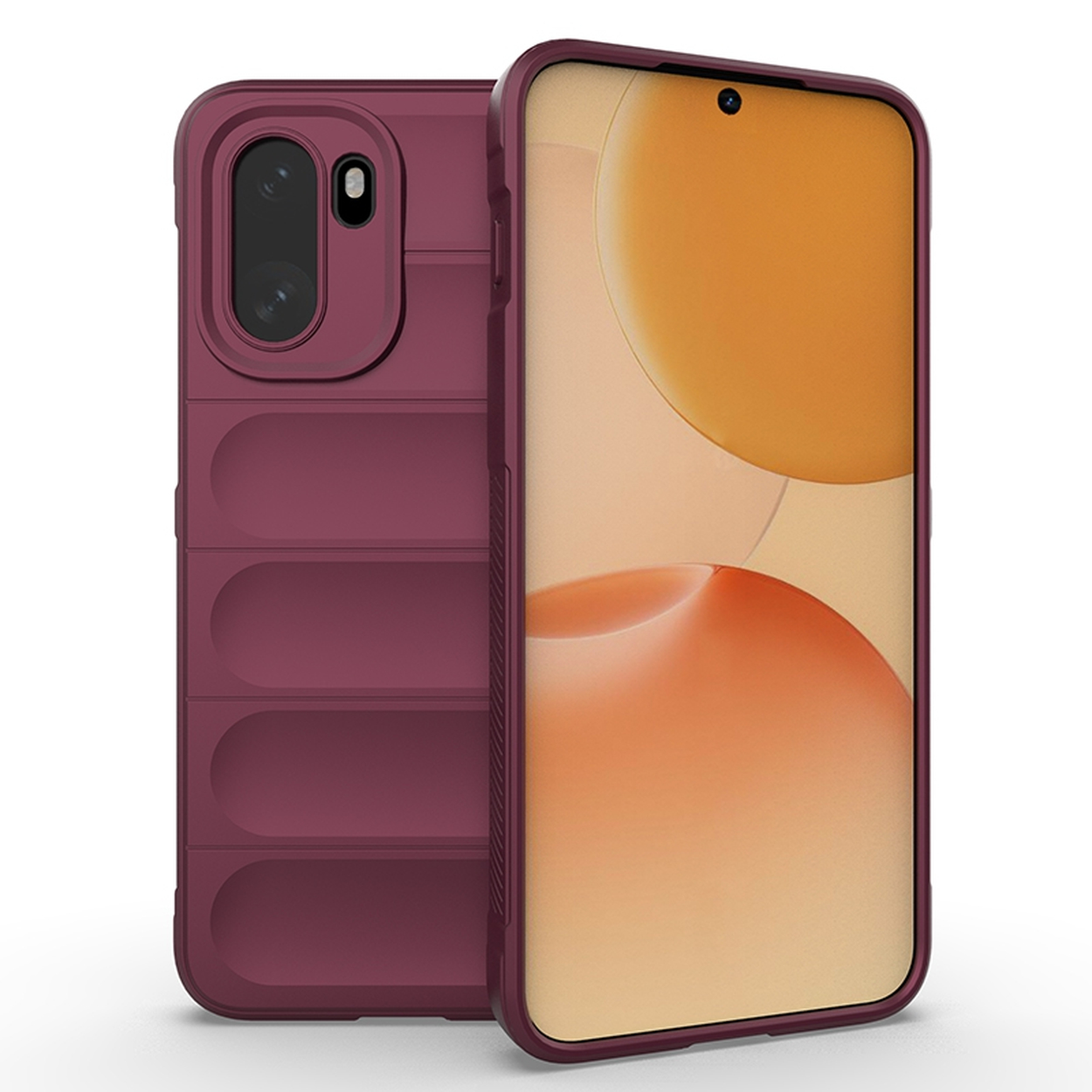 Een bordeauxrode telefoonhoes met gestructureerde achterkant en scherm met abstracte vormen.
