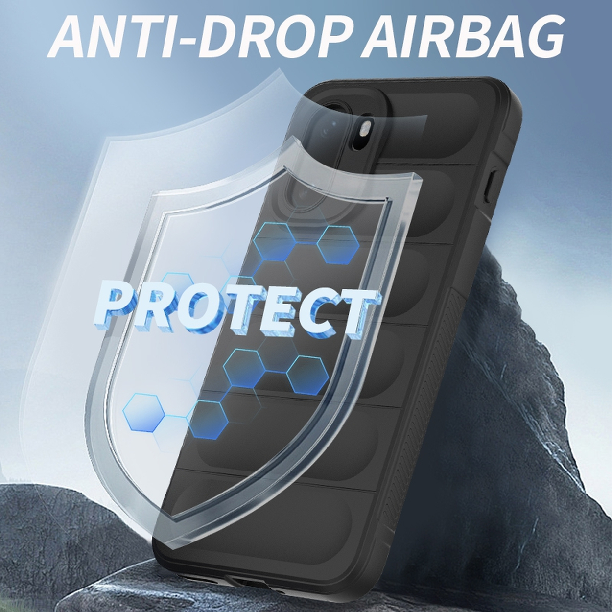 Zwarte telefoonhoes met "PROTECT"-schild en "ANTI-DROP AIRBAG"-tekst.