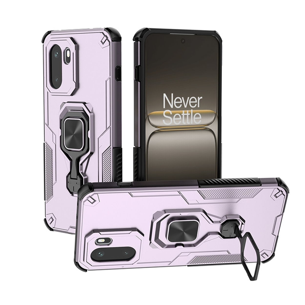 Paarse telefoonhoes met ringhouder en ingebouwde standaard, voor- en achterkant.