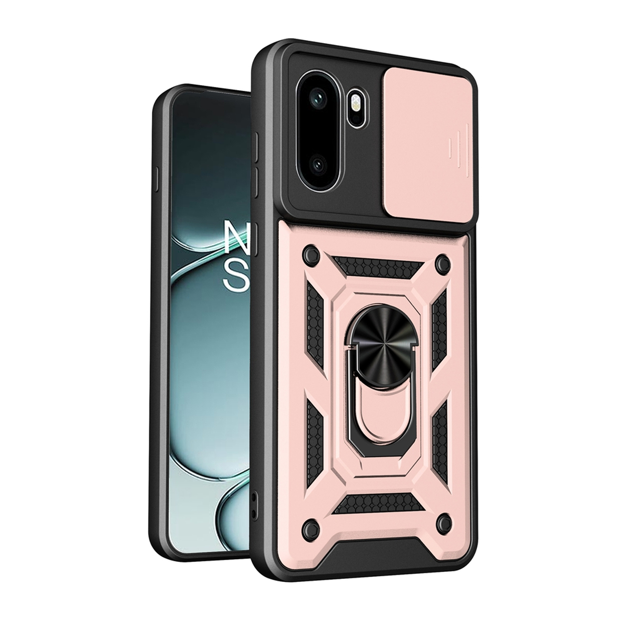 Een roségouden telefoonhoes met camerabescherming en ringhouder.