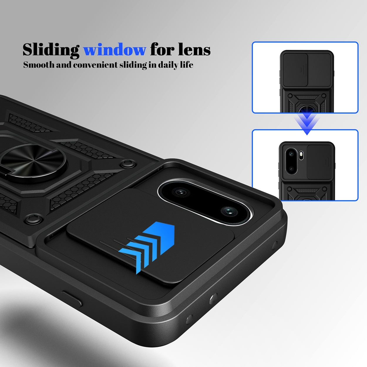 Zwarte telefoonhoes met schuifhoes voor camera en ringhouder.