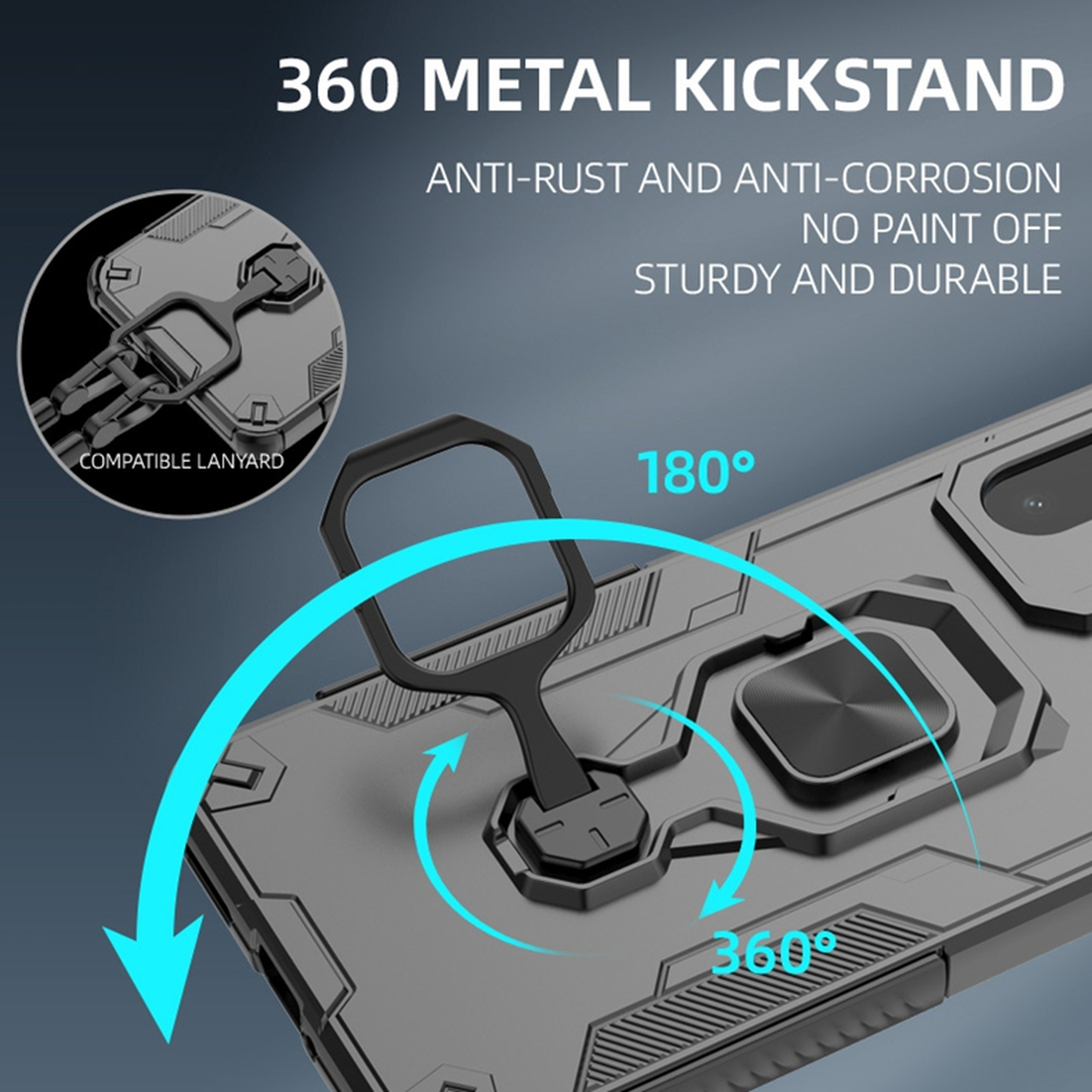 Coque de téléphone noire avec béquille métallique 360°, rotation 180°. Compatible cordon.