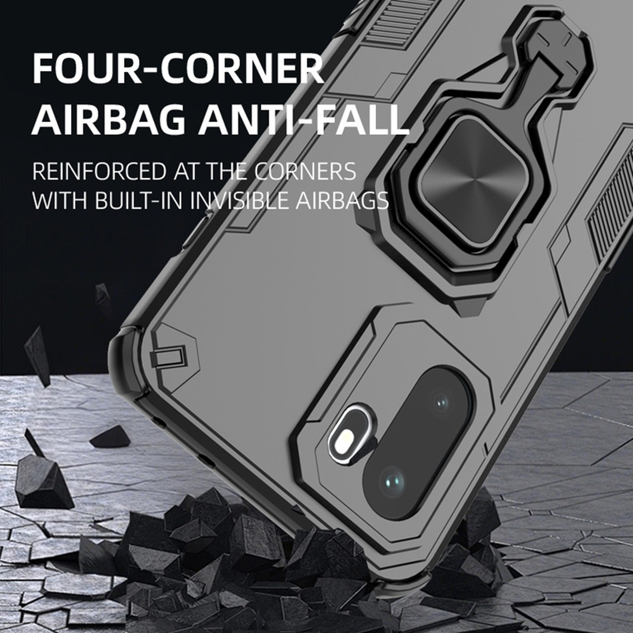 Coque de téléphone grise avec support anneau tombant sur sol craquelé.