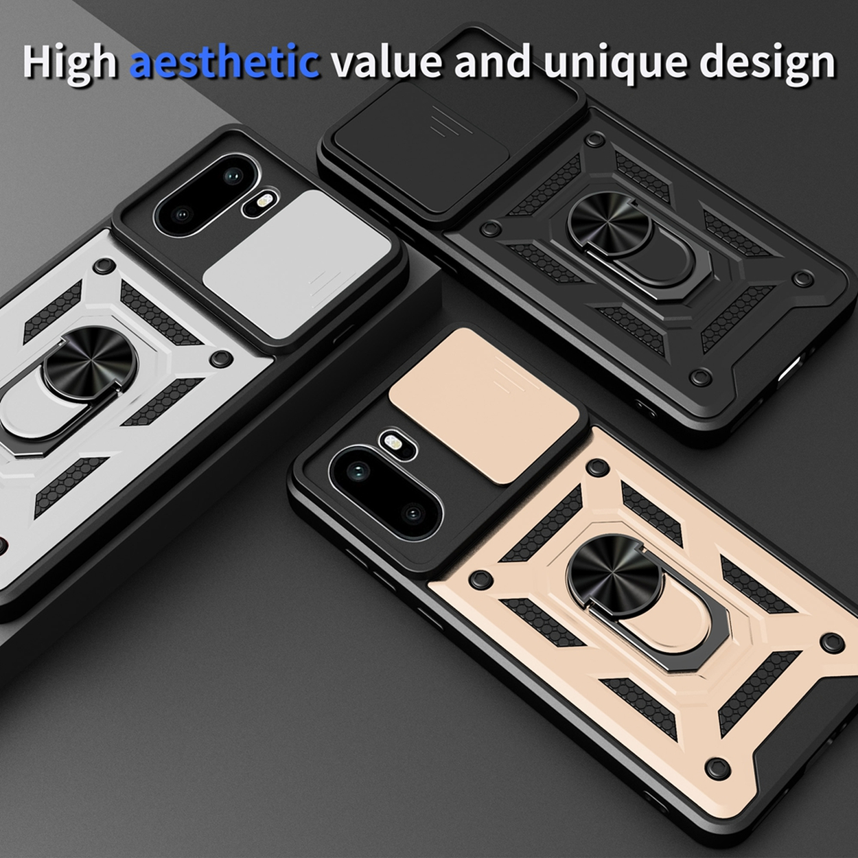 Drie telefoonhoesjes met ringhouder: zwart, goud en wit/zilver.