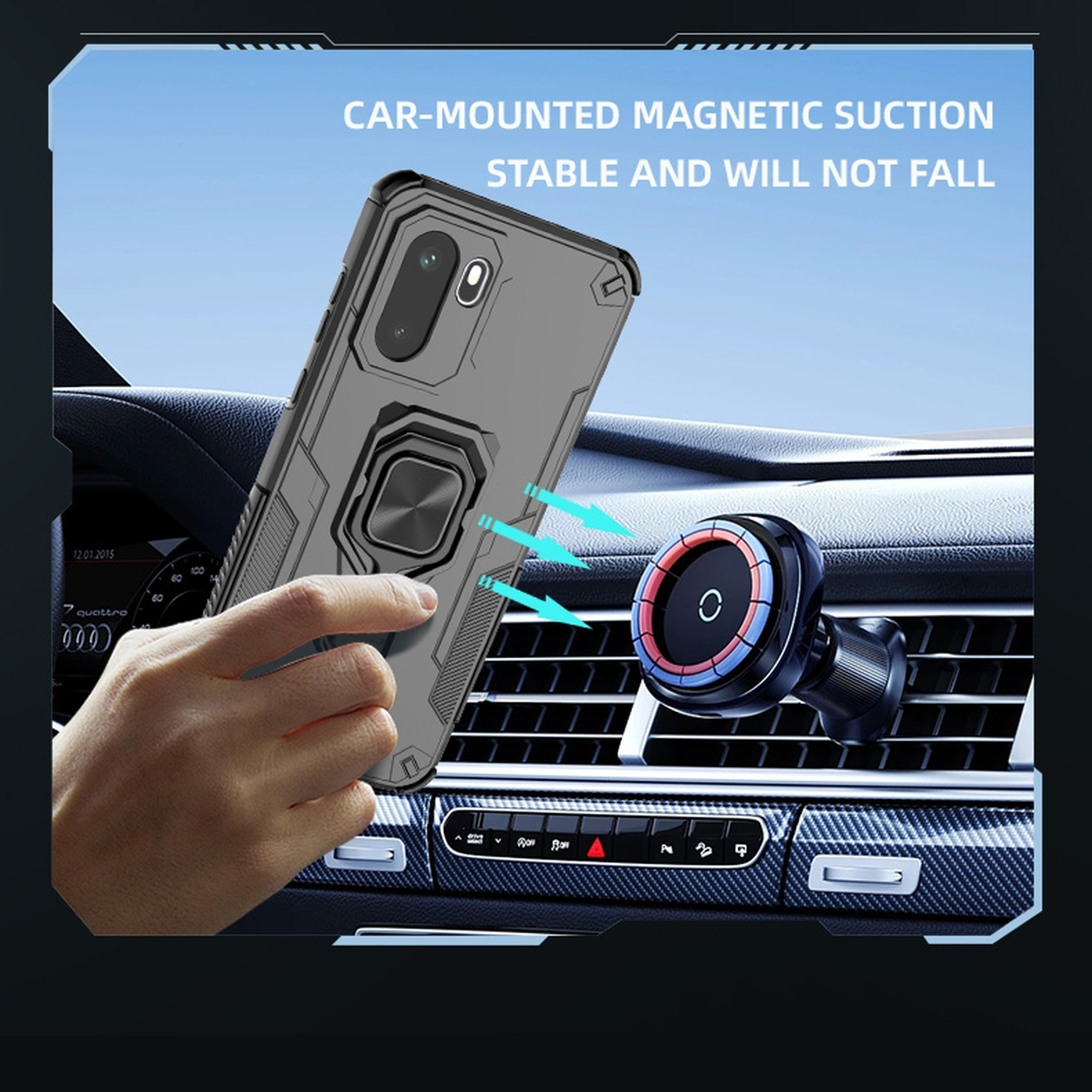 Une main tient un étui de téléphone gris avec anneau porte-bagues dans une voiture.