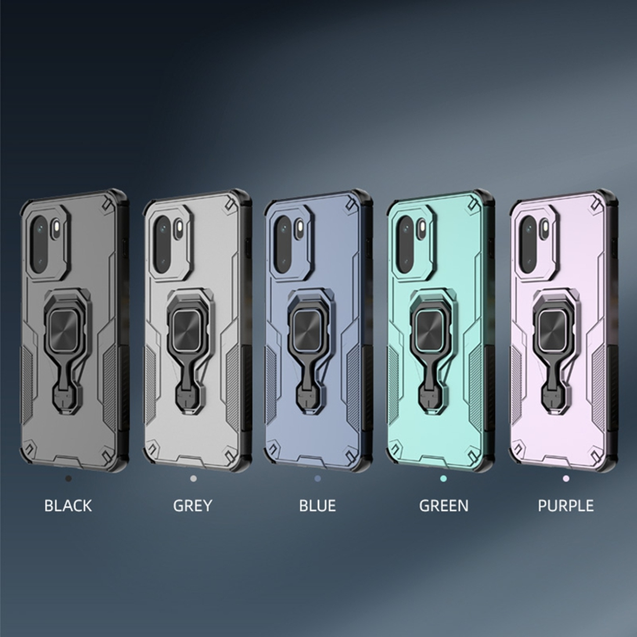 Vijf telefoonhoesjes in zwart, grijs, blauw, groen en paars met ringhouder.