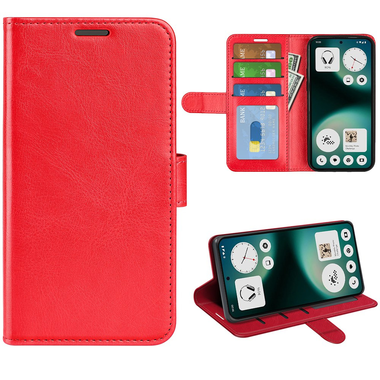 Étui rouge en cuir avec téléphone, cartes et argent.