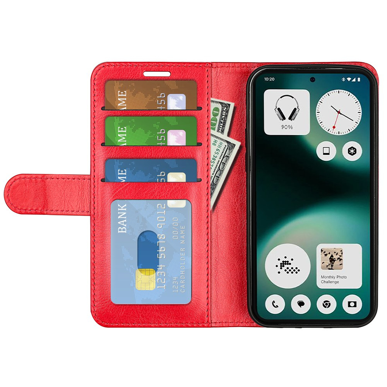 Étui portefeuille rouge en cuir avec fentes pour cartes et argent, à côté d'un smartphone.