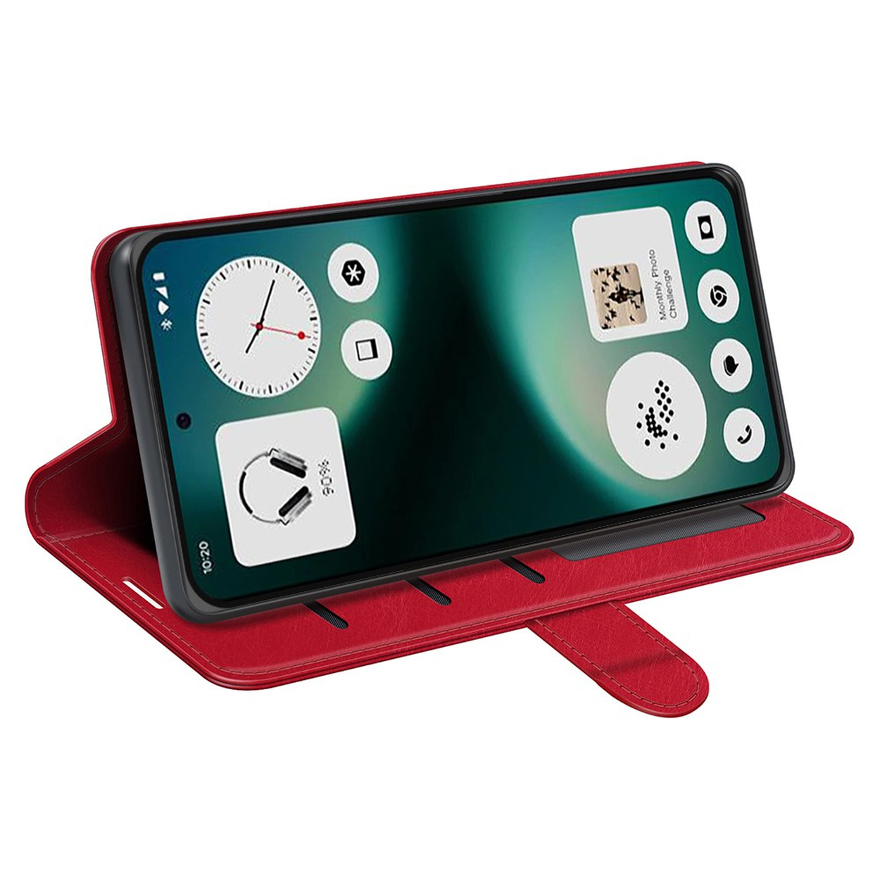 Étui à rabat rouge pour smartphone affichant une horloge et des écouteurs.