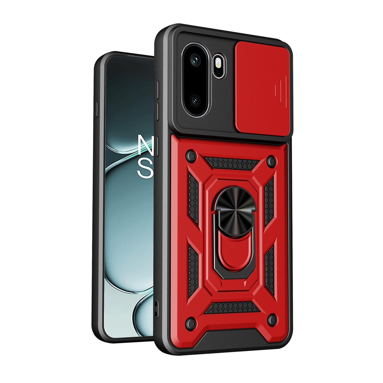Coque de téléphone rouge avec anneau noir et cache-objectif.