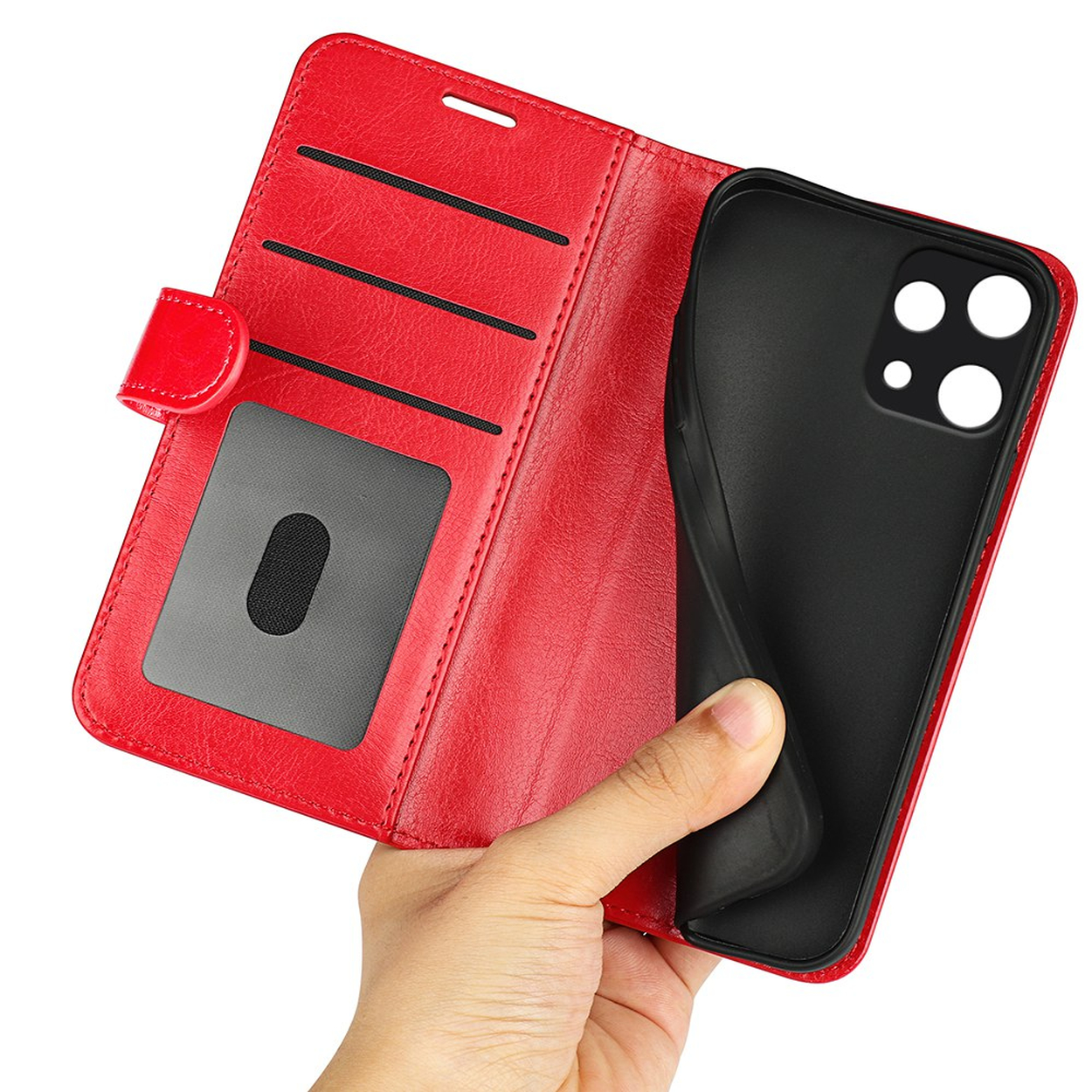 Étui portefeuille rouge pour téléphone avec fentes pour cartes.