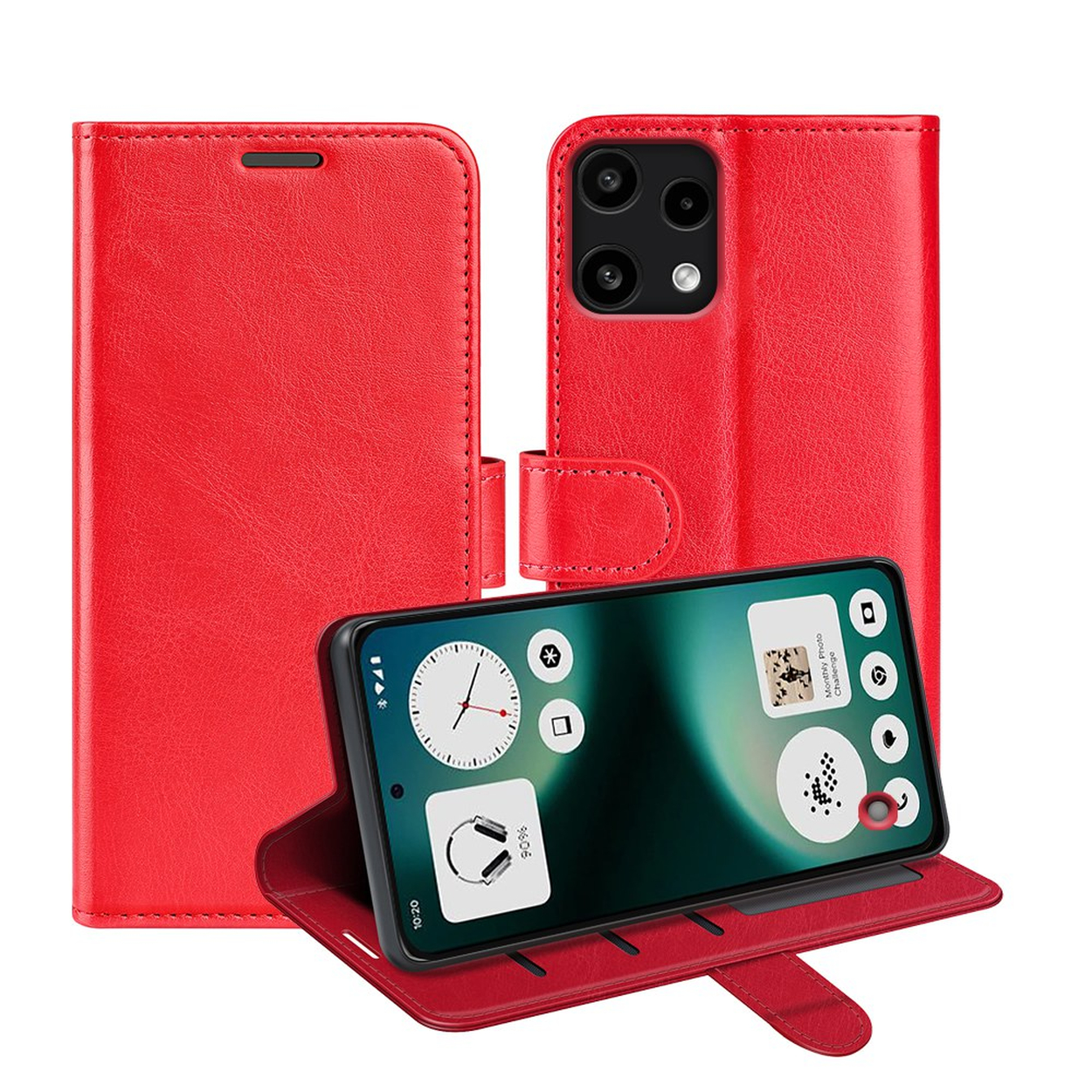 Étui de téléphone rouge avec smartphone debout et caméras.