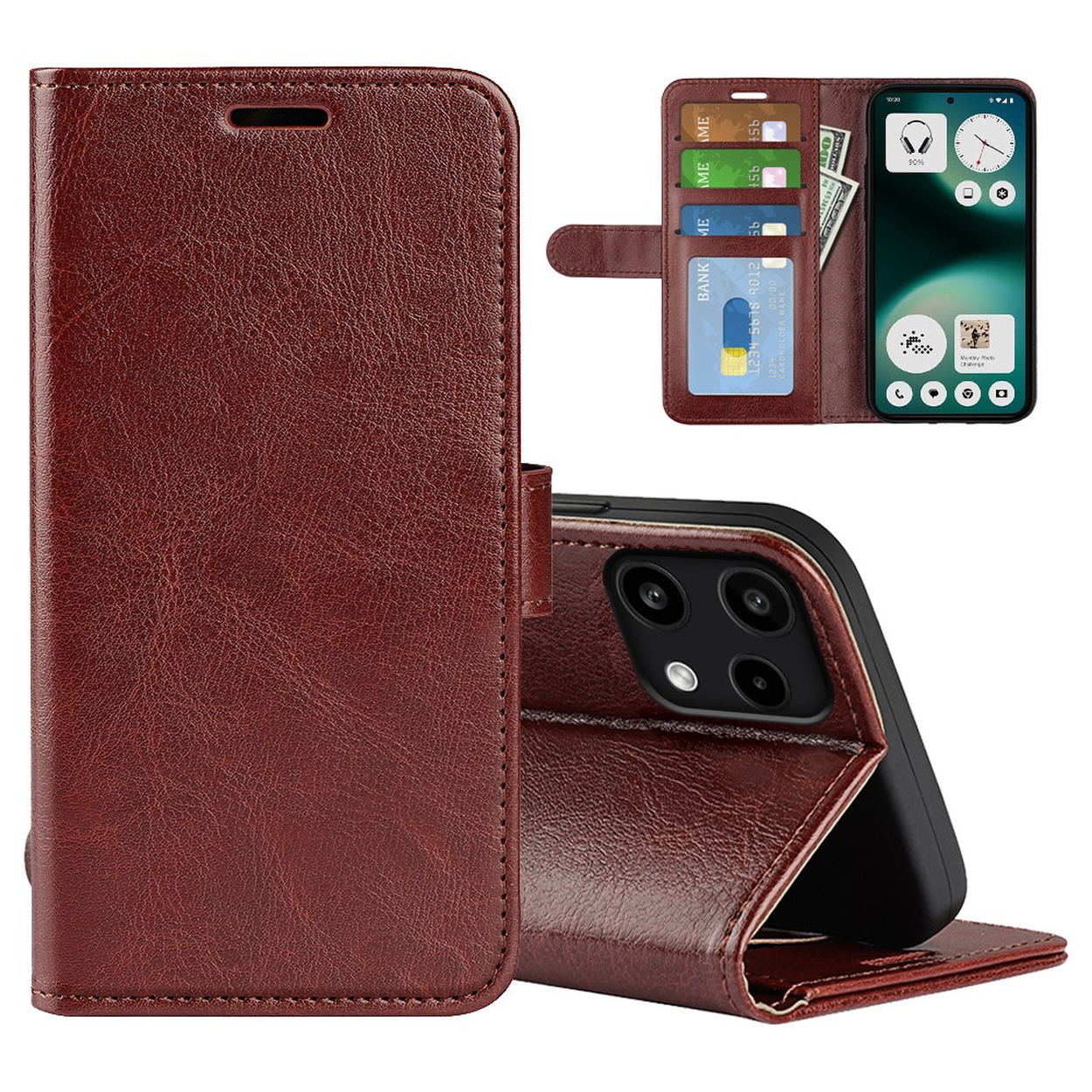 Étui portefeuille en cuir marron avec fentes pour cartes et un smartphone.