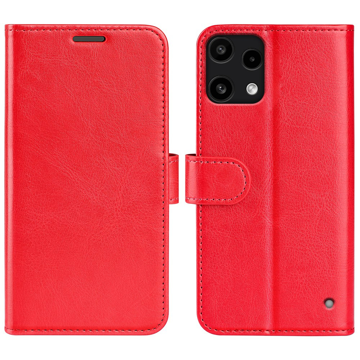 Étui de téléphone rouge à rabat ouvert, montrant le module caméra et fermoir magnétique.