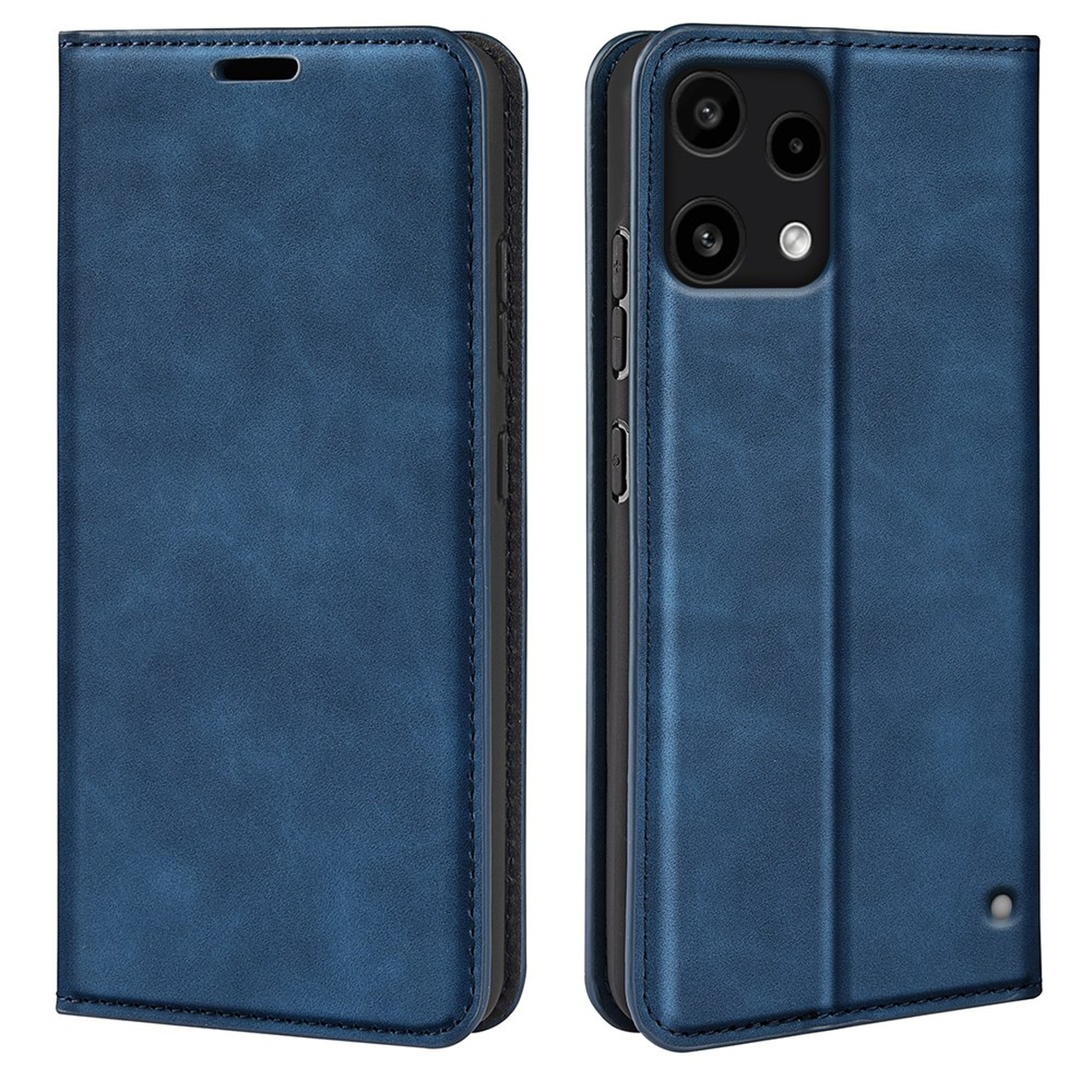 Donkerblauwe flip telefoonhoes, toont voor- en achterkant met cameradetail.