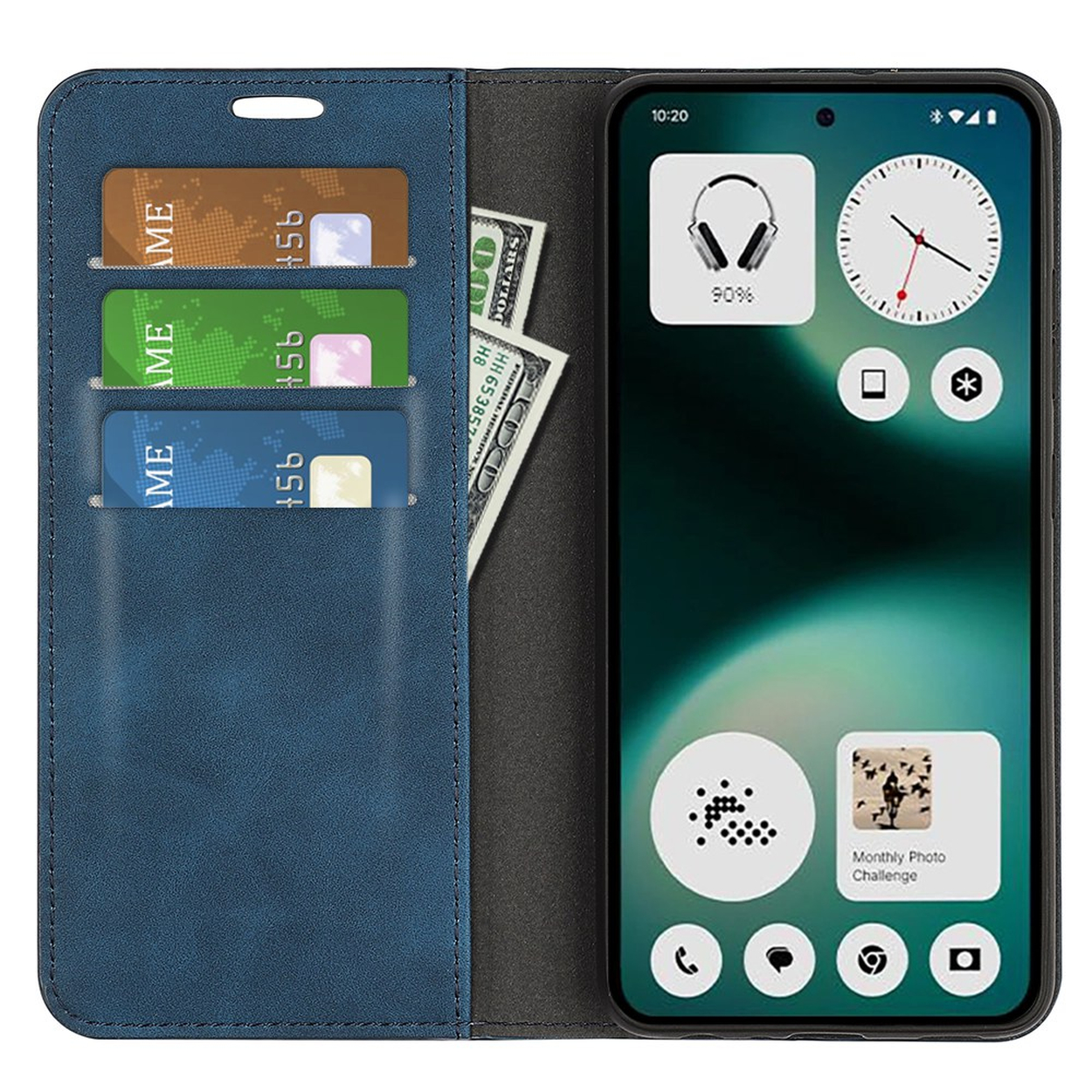 Blauw portemonnee-hoesje open met kaarten, geld en smartphone met widgets.