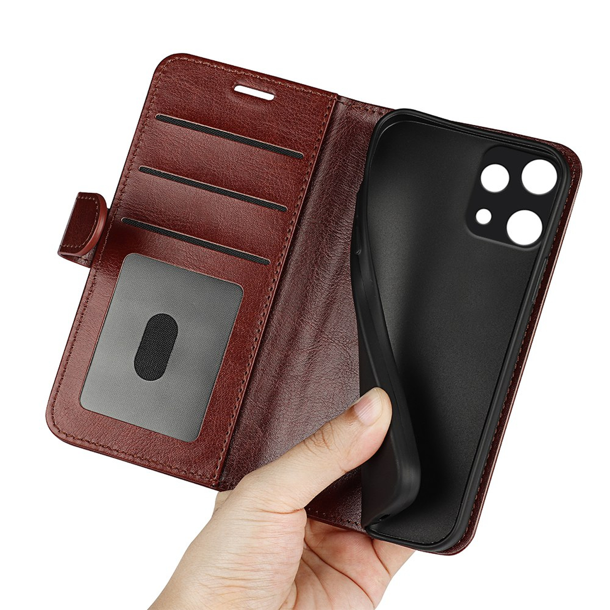 Étui de téléphone en cuir marron avec fentes pour cartes et un insert noir.