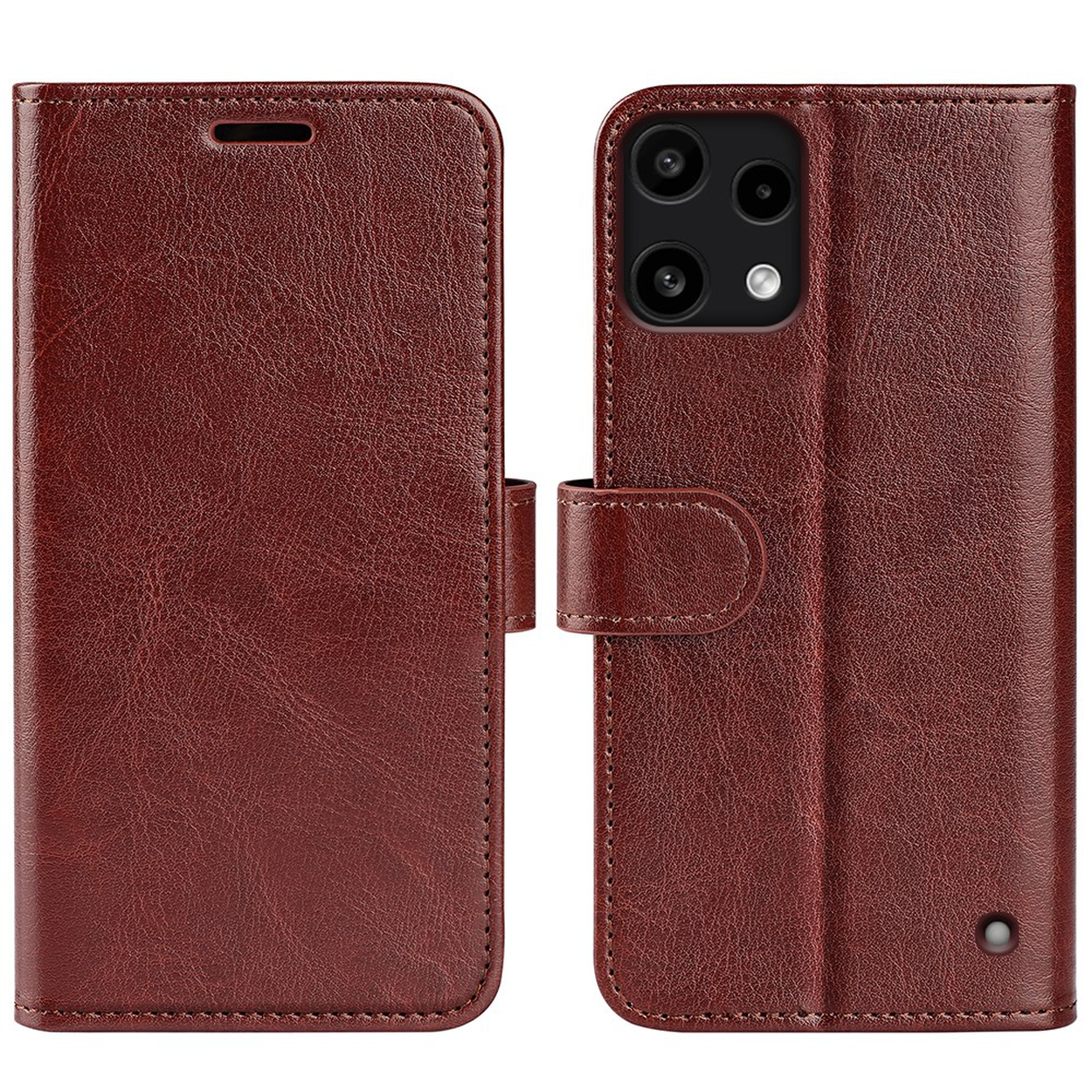 Étui de téléphone en cuir marron avec fermeture magnétique et découpe caméra.