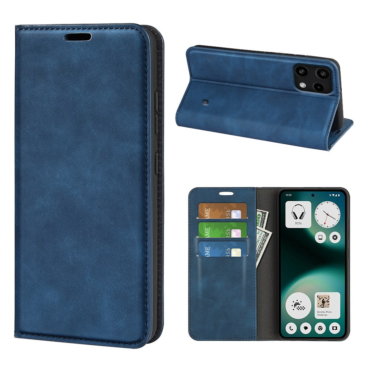 Blauw telefoonhoesje met kaartsleuven en standaardfunctie, toont een smartphone.