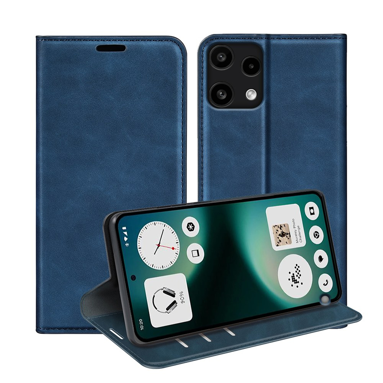 Een blauwe telefoon in een flipcase, rechtop gezet op een oppervlak.